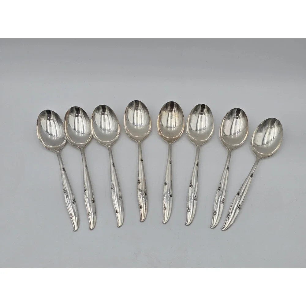 Oneida Community Silver Flower Silverplate Spoons Tablespoons Vintage Set Of 8
